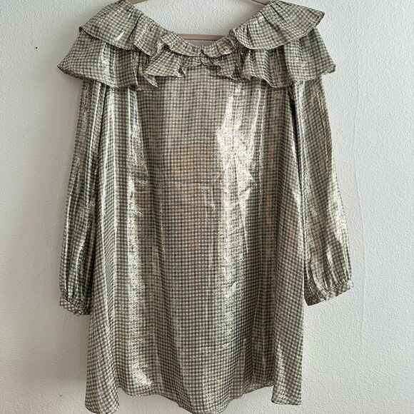 NWT ALEXACHUNG Metallic Lurex Silver Puff Sleeve Dress - Picture 5 of 9